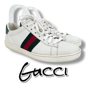 Gucci Ace Leather Sneakers Authenticated White Low Top Red Green Stripe Womens 7